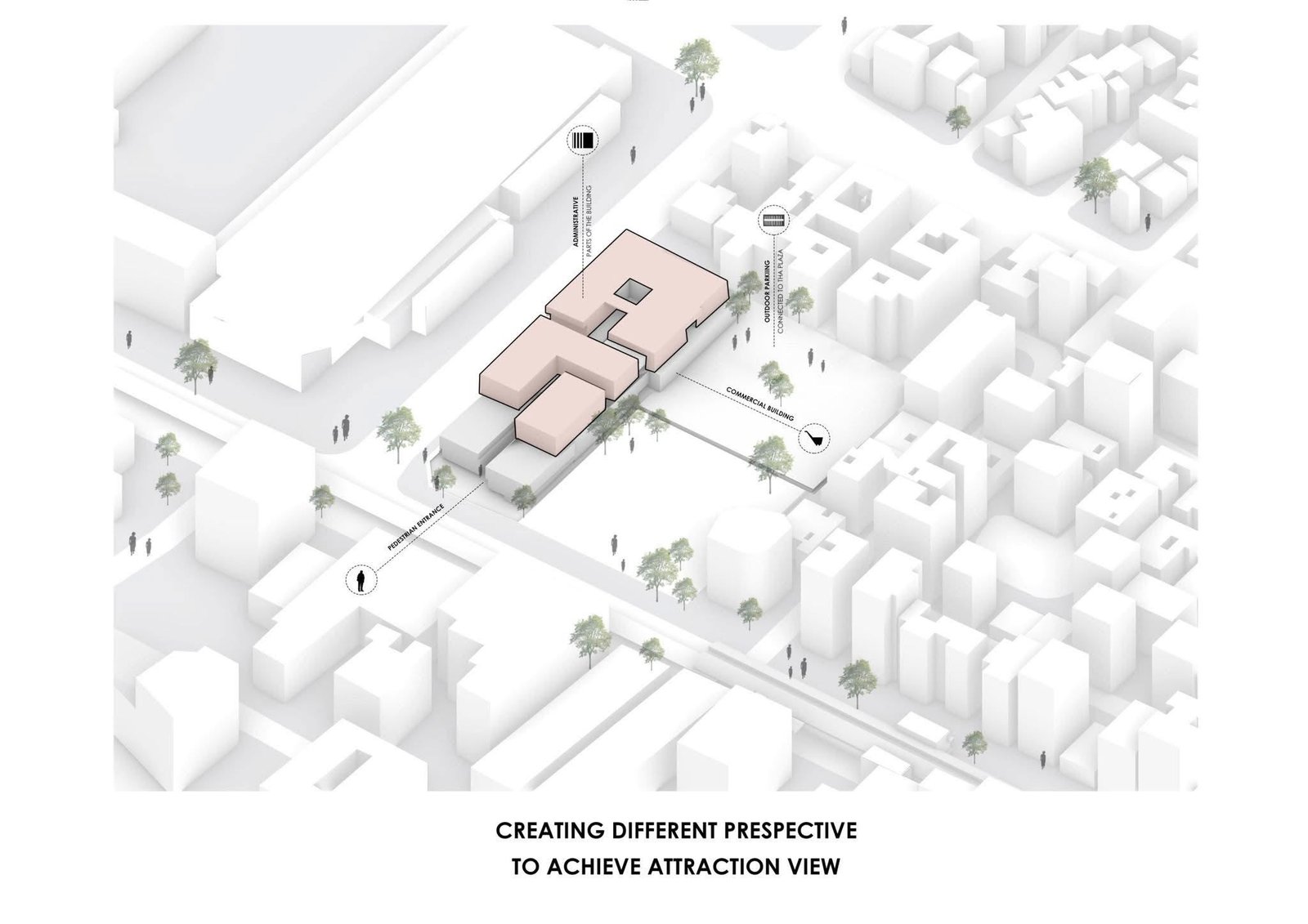 Graffiti massing study with rotated upper administrative volumes and labels identifying commercial, pedestrian, and parking relationships.