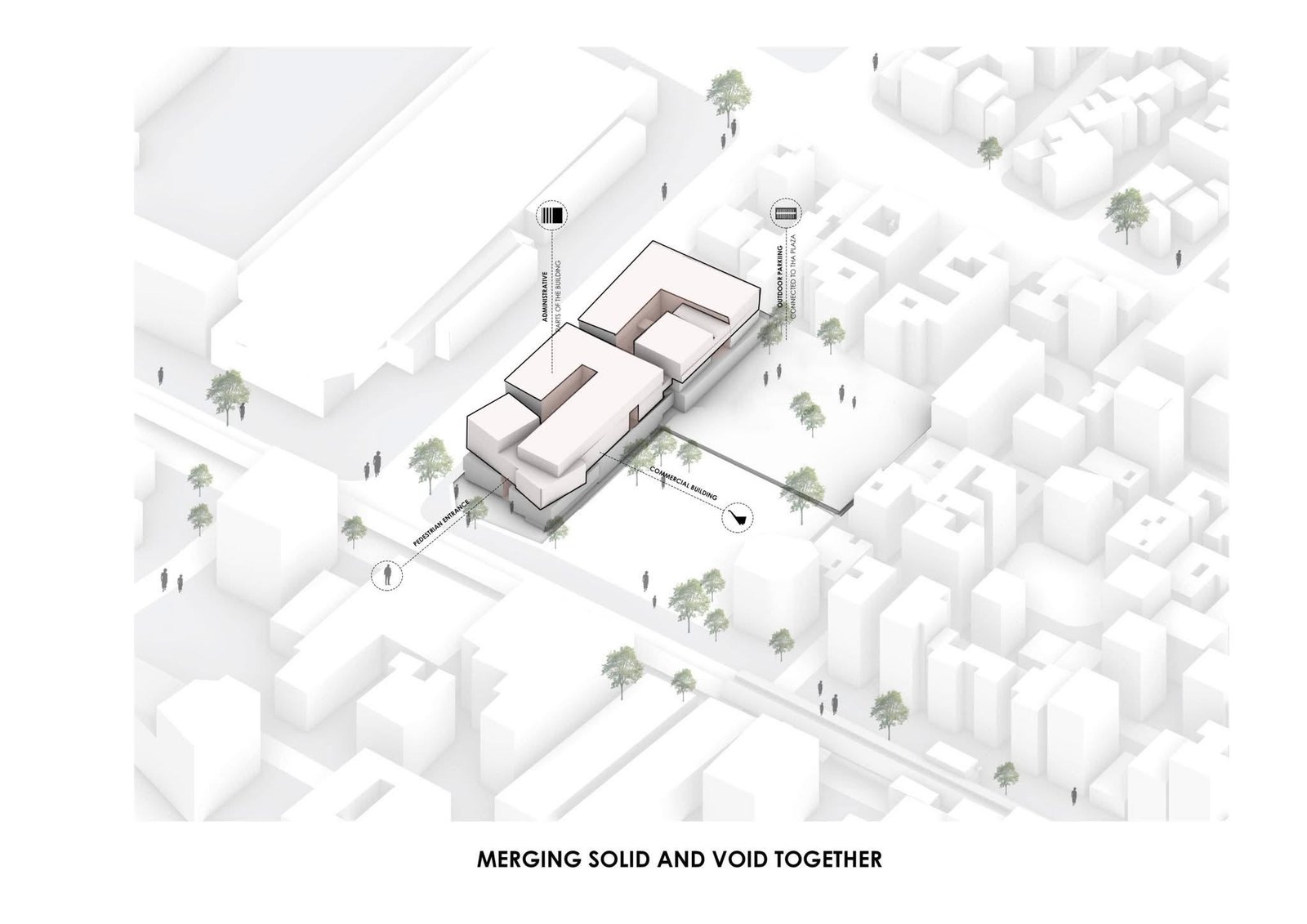 Graffiti solid-and-void massing diagram with stepped upper volumes, courtyard openings, and programme labels.