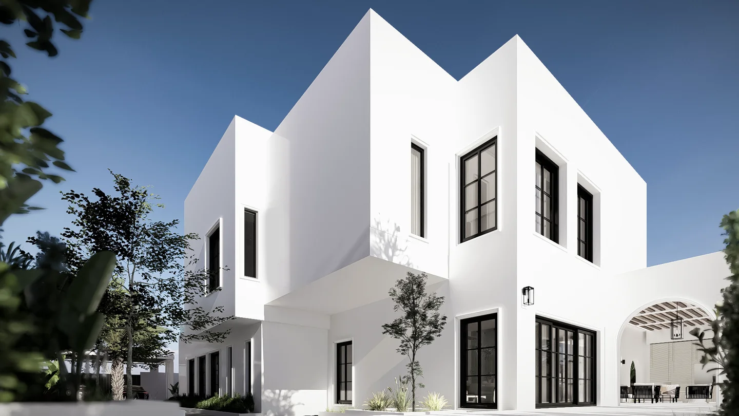 HORIZON HAVEN villa design visualisation with white cubic volumes, tall dark-framed windows and a garden arcade.