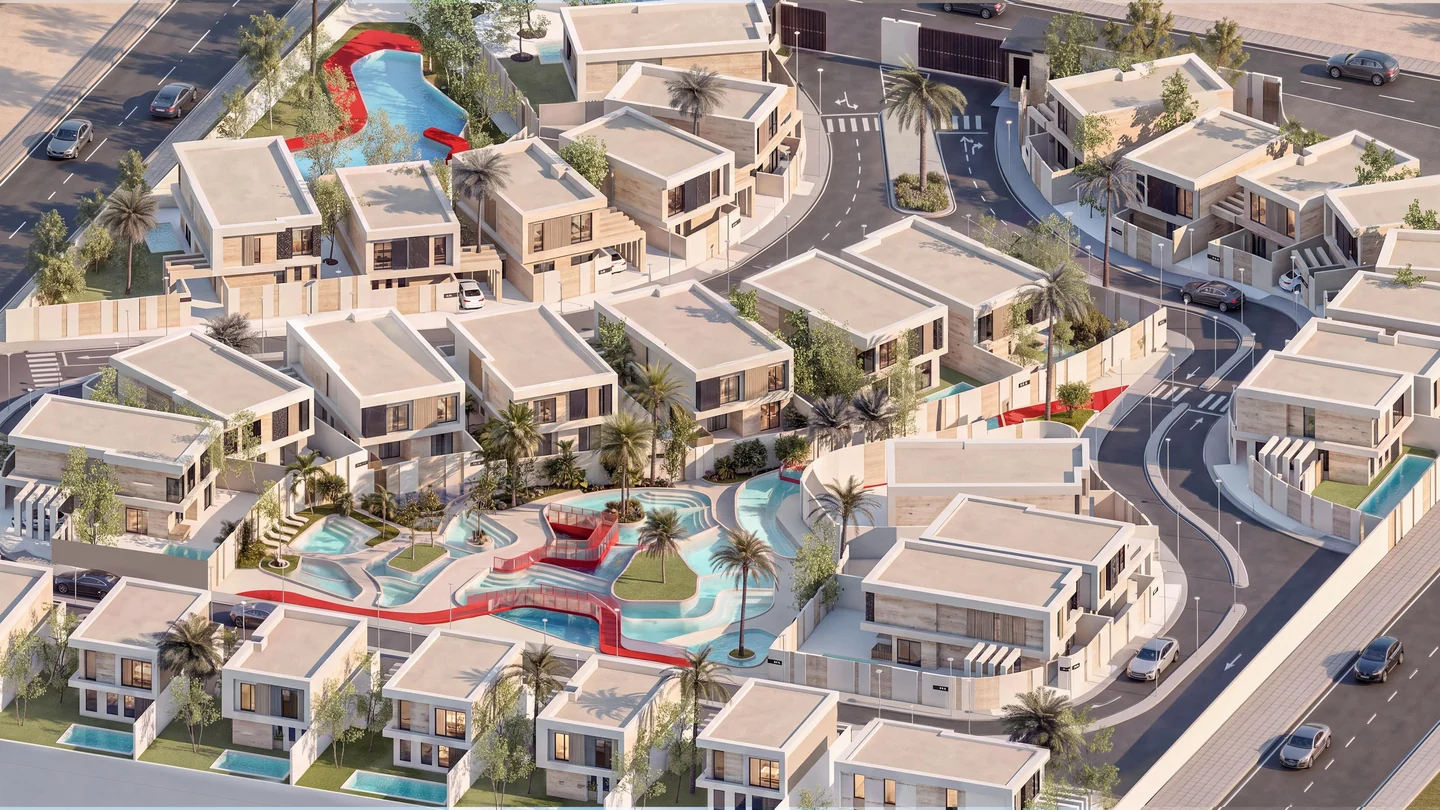 LAGORA aerial design visualisation showing villas, streets, linked lagoons and red pedestrian bridges.