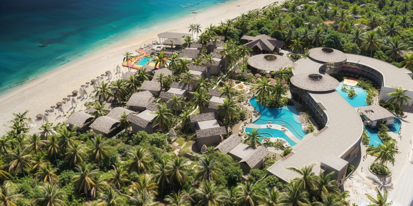 ROYAL MANDARIN RESORT aerial visualisation of coastal buildings, planted paths, pools and beachfront in Zanzibar.