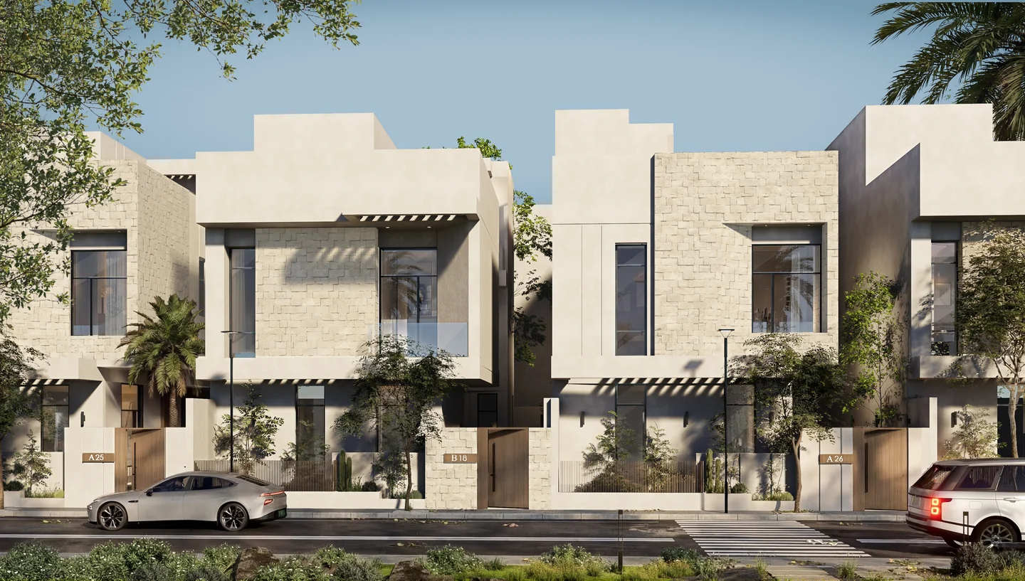 VERDOSA design visualisation of paired villas with pale volumes, stone façades and planted entrances in Riyadh.