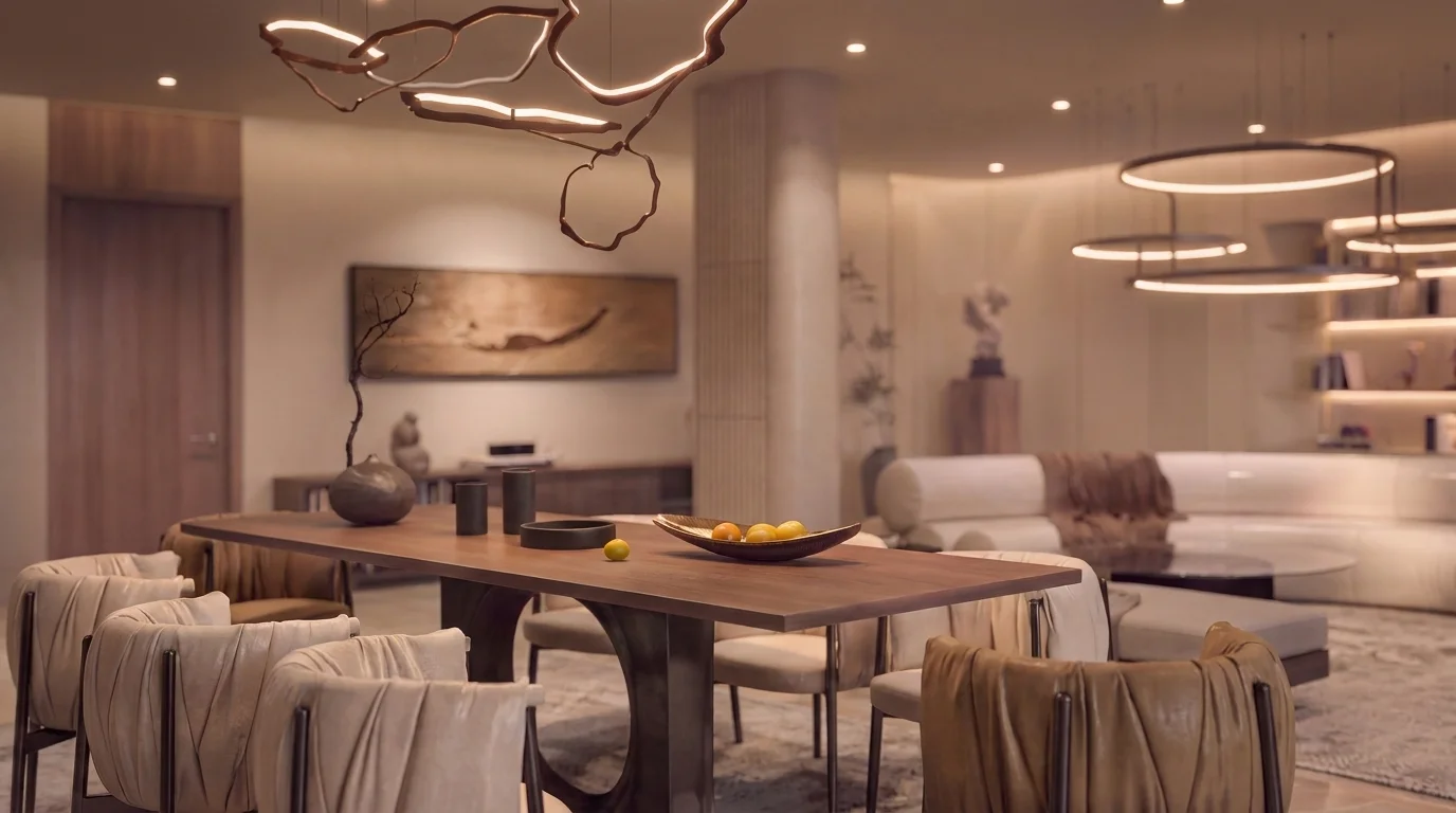 VERLA interior visualisation with a timber dining table, upholstered chairs, textured surfaces and suspended lighting.