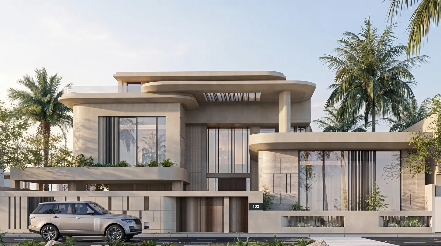 VERLA villa design visualisation with curved roof edges, tall glazing and a sheltered vehicle entrance in Riyadh.
