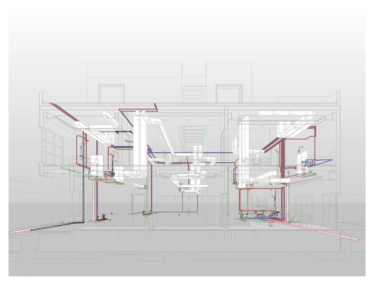 Revit coordination study showing building elements and colour-coded mechanical, electrical and plumbing routes.
